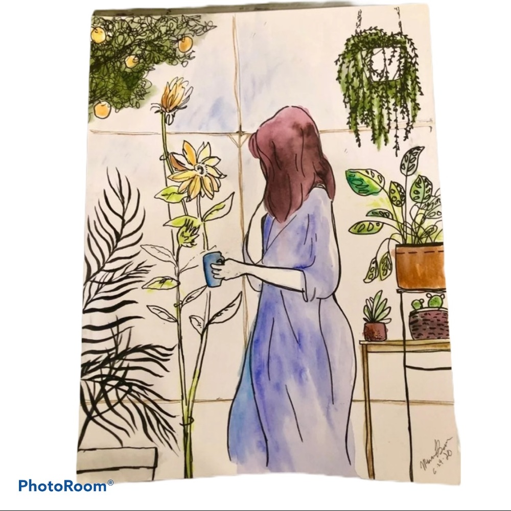 Hand painted girl in the garden painting